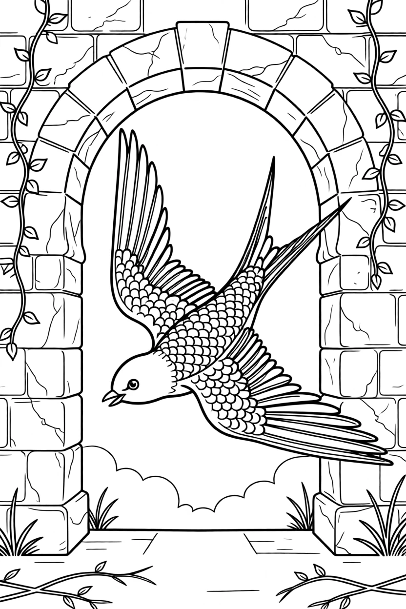 A swallow diving through an old stone archway, with scales that catch glints of light.