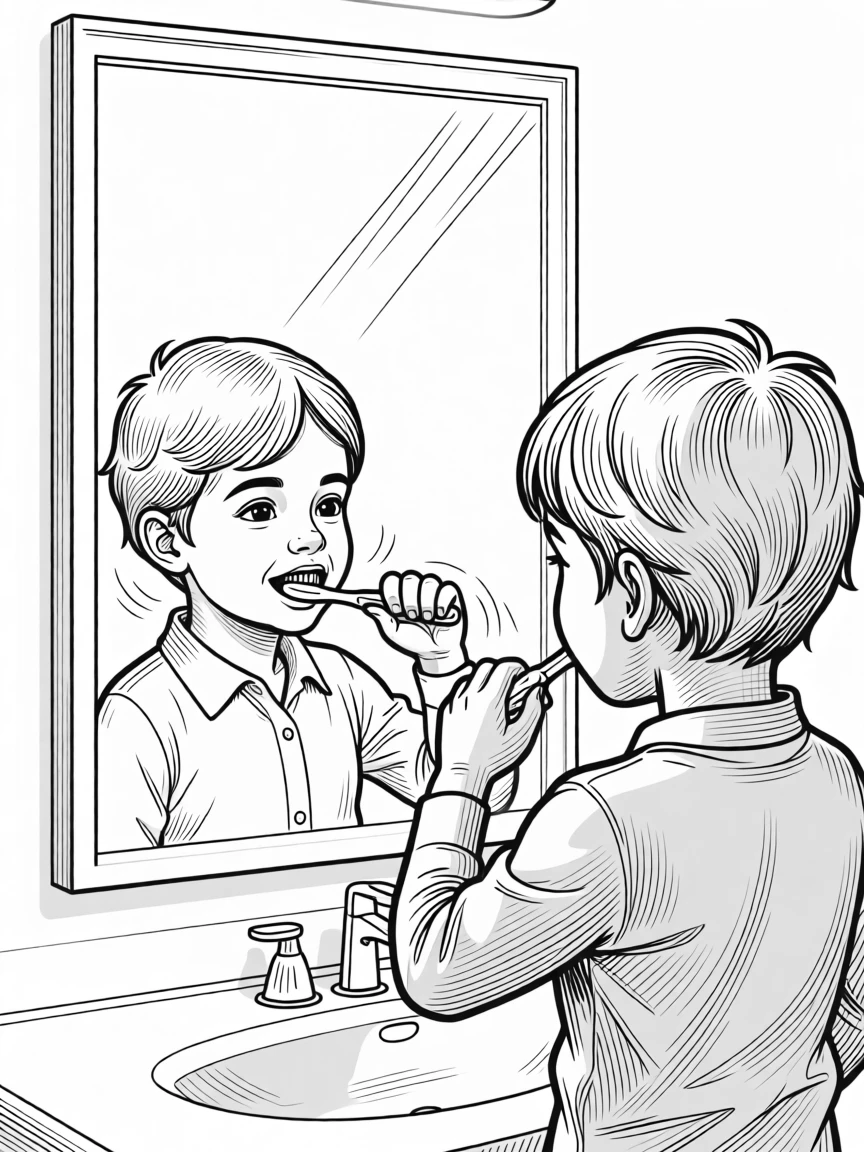 A child brushing teeth in front of a bathroom mirror