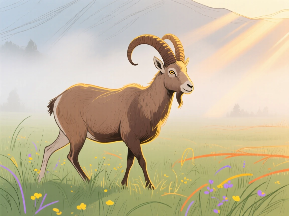 A mountain goat wandering in a misty morning field during golden hour.