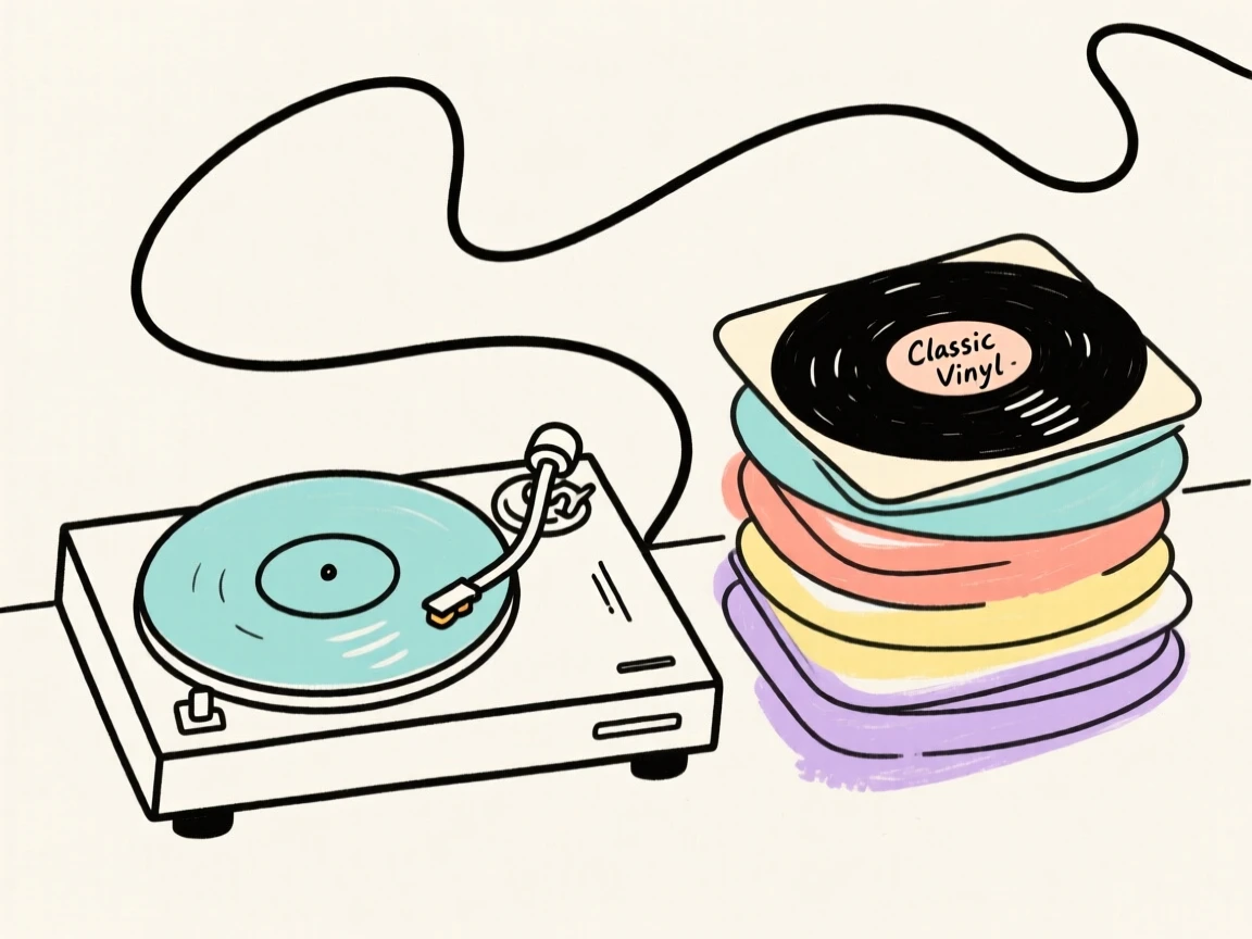 A turntable beside a stack of vinyl records