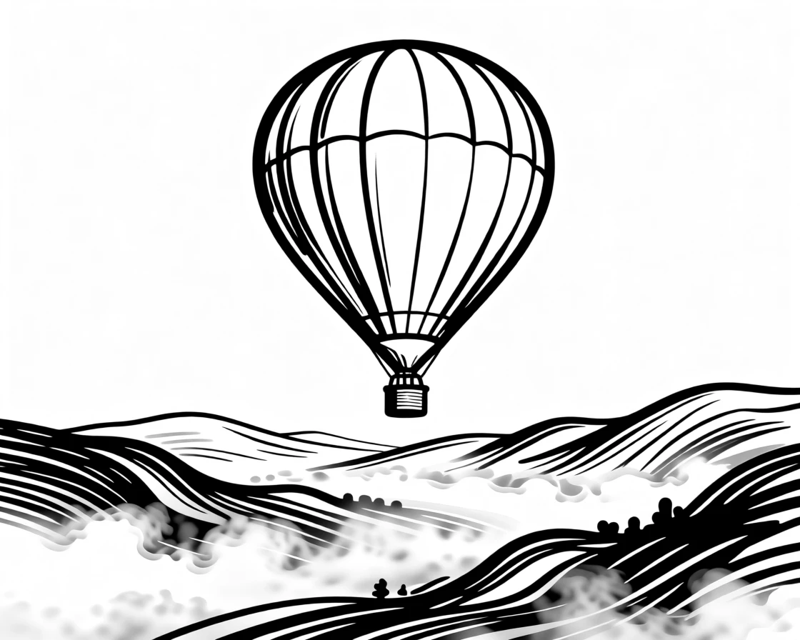 A hot air balloon rising steadily above a foggy valley into clear skies.