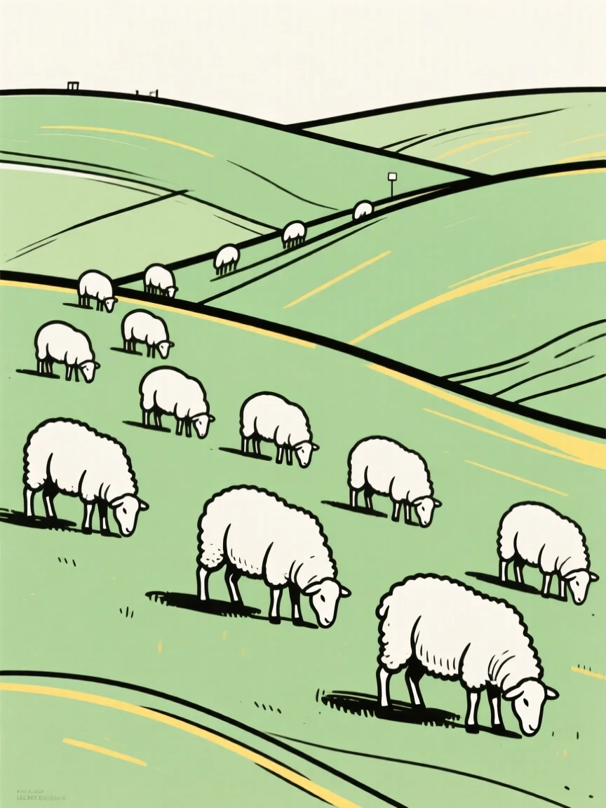 A flock of sheep grazing on a rolling green countryside hillside.
