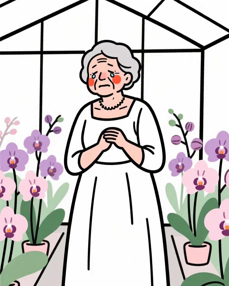 A grandmother of Scottish heritage in an elegant evening gown, holding back happy tears, in a greenhouse full of orchids.