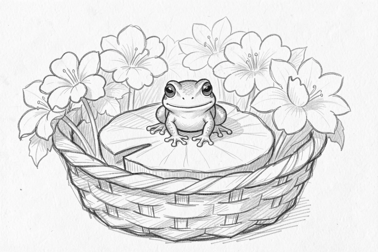 An irresistibly cute scene of a tiny frog perched on a lily pad in a basket of soft flowers, looking impossibly soft and content.