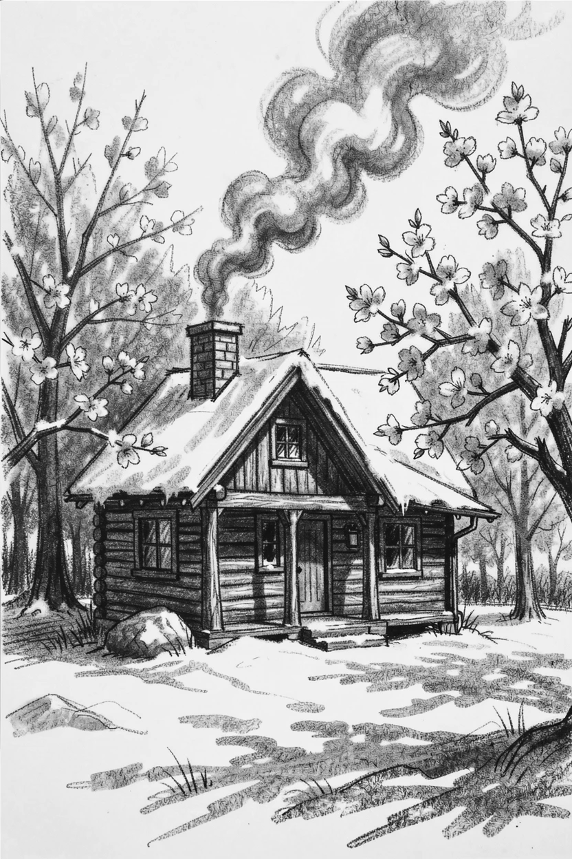 A snowy mountain cabin with smoke curling from the chimney, beneath blossoming trees in full bloom.