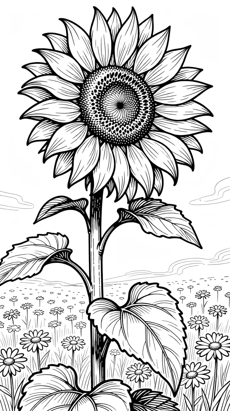 A single sunflower standing tall above a field of smaller blossoms.