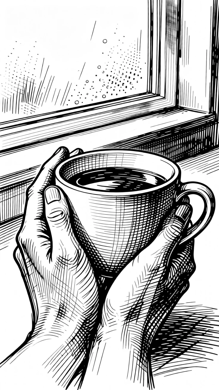 A pair of hands cupping a warm mug of coffee with a gentle breeze drifting through an open window, with a window fogged slightly at the edges, evoking a warmly comforting sense of calm.