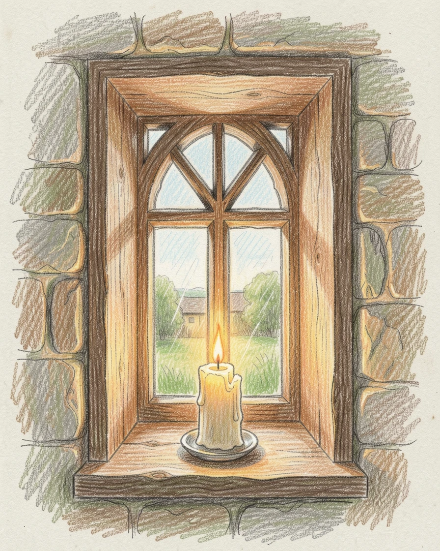 A quiet countryside chapel window glowing with candlelight, with a gentle play of light and shadow across the composition, evoking warmth, beauty, and a lasting sense of wonder.