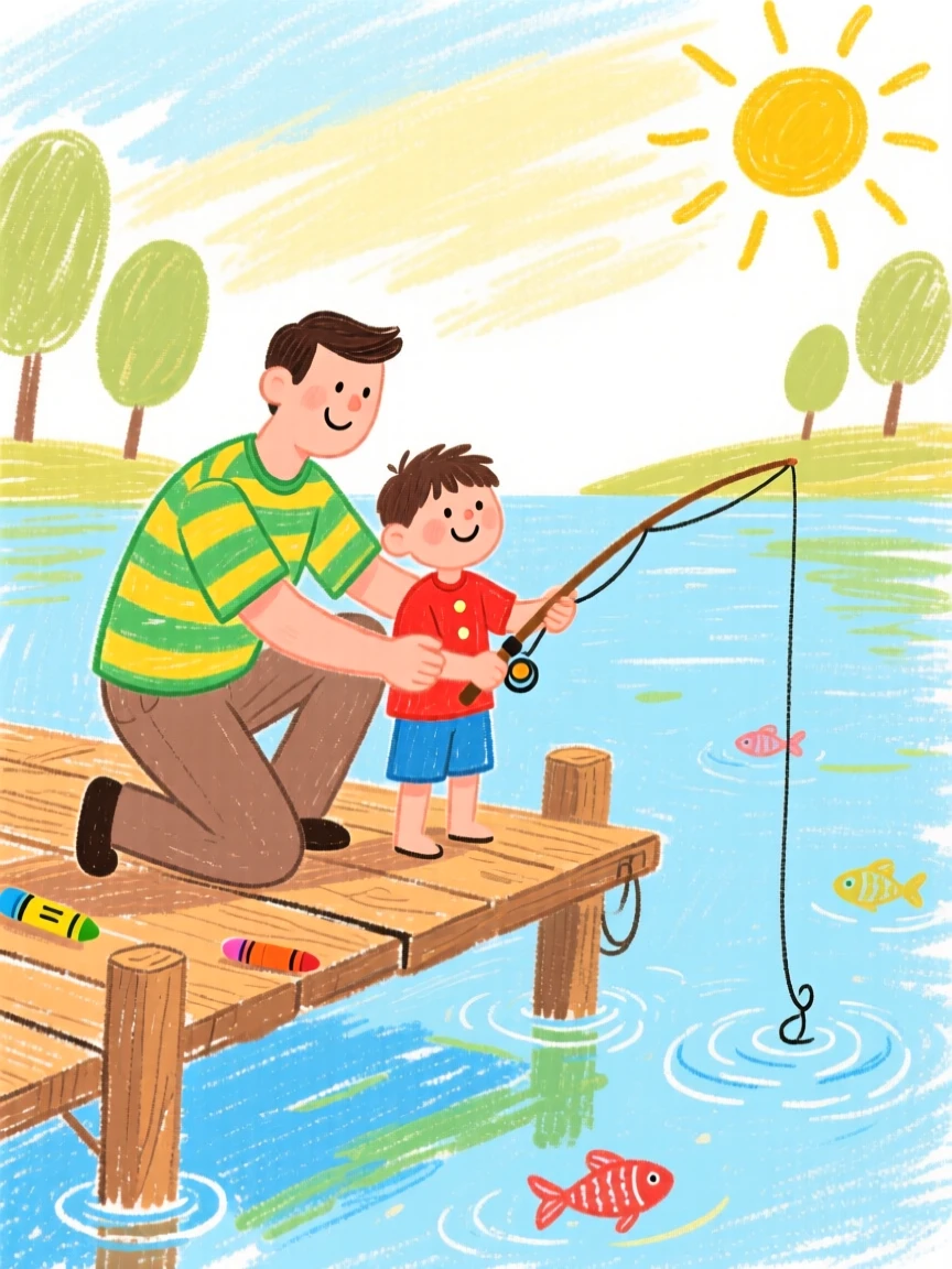 A father teaching his son to fish from a wooden dock.