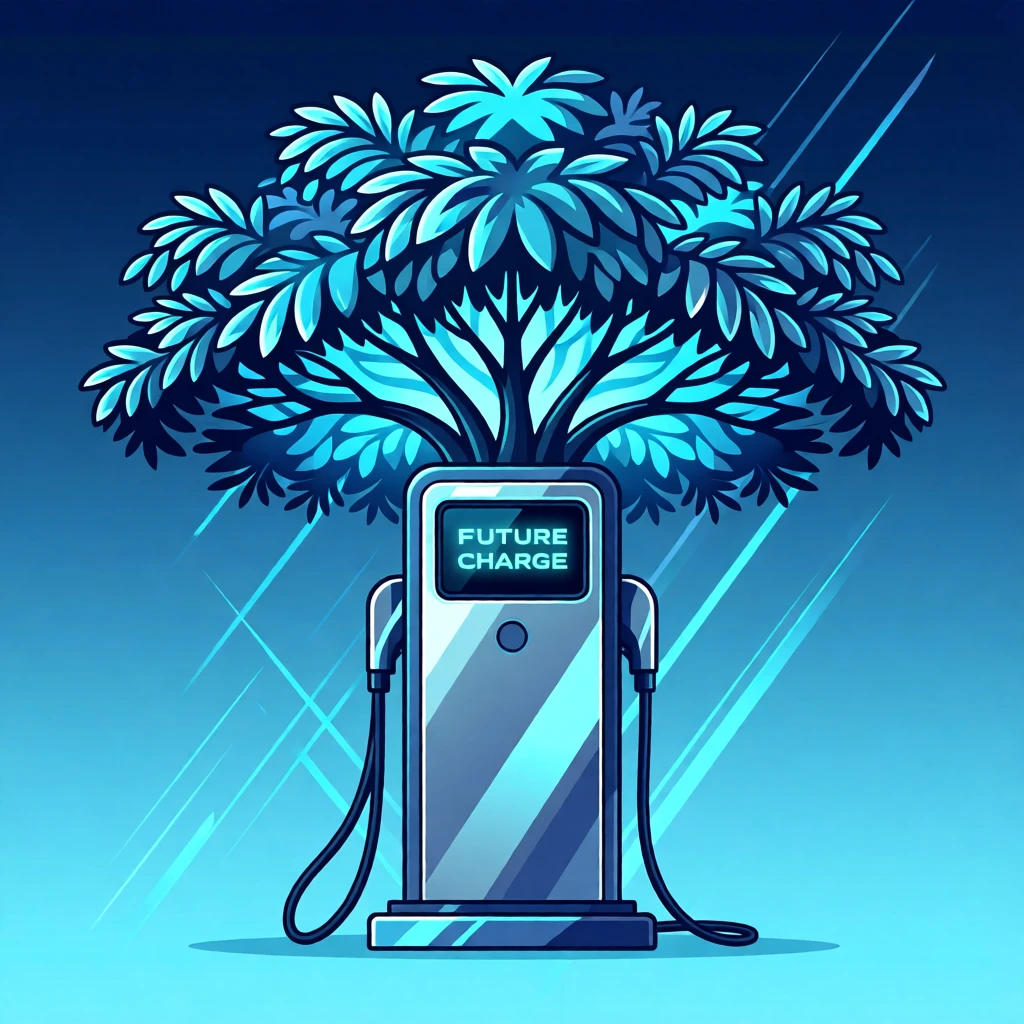 A futuristic charging station glowing beneath a canopy of trees, set against a backdrop of soft ambient blue light, composed with dynamic diagonal lines suggesting motion, with sleek metallic textures catching soft light.
