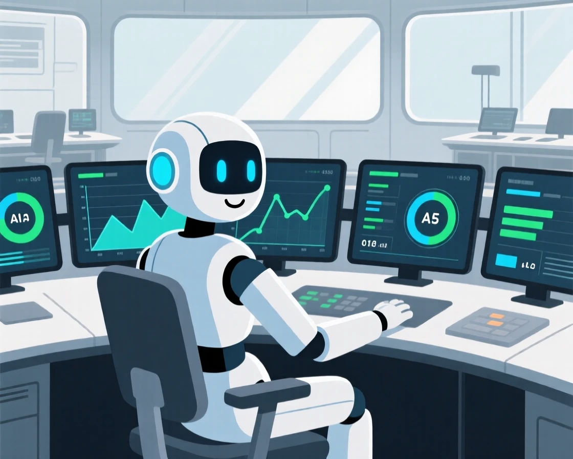 A friendly AI assistant running diagnostics in a mission control room.