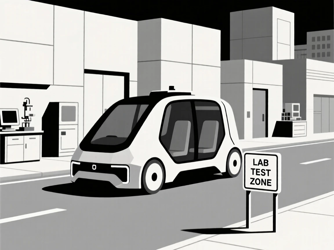 A view of autonomous vehicle on a city street operating within a high-tech laboratory, near clean geometric surfaces, evoking inventive curiosity.