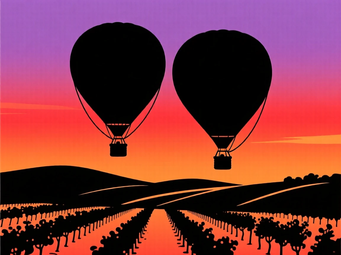 A pair of hot air balloons drifting side by side above a vineyard.