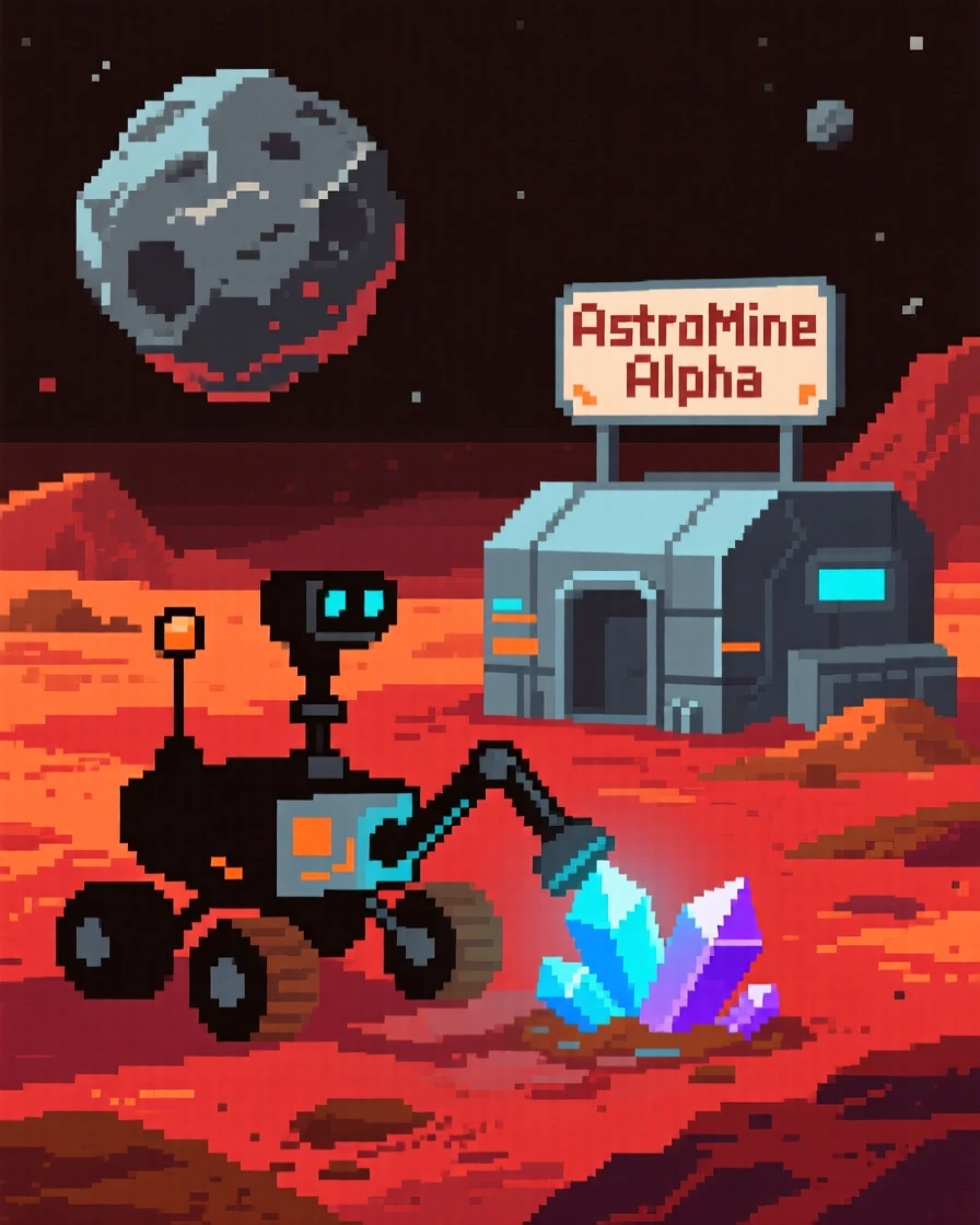 A tiny rover exploring a red planet collecting glowing space crystals, on a floating asteroid mining outpost.