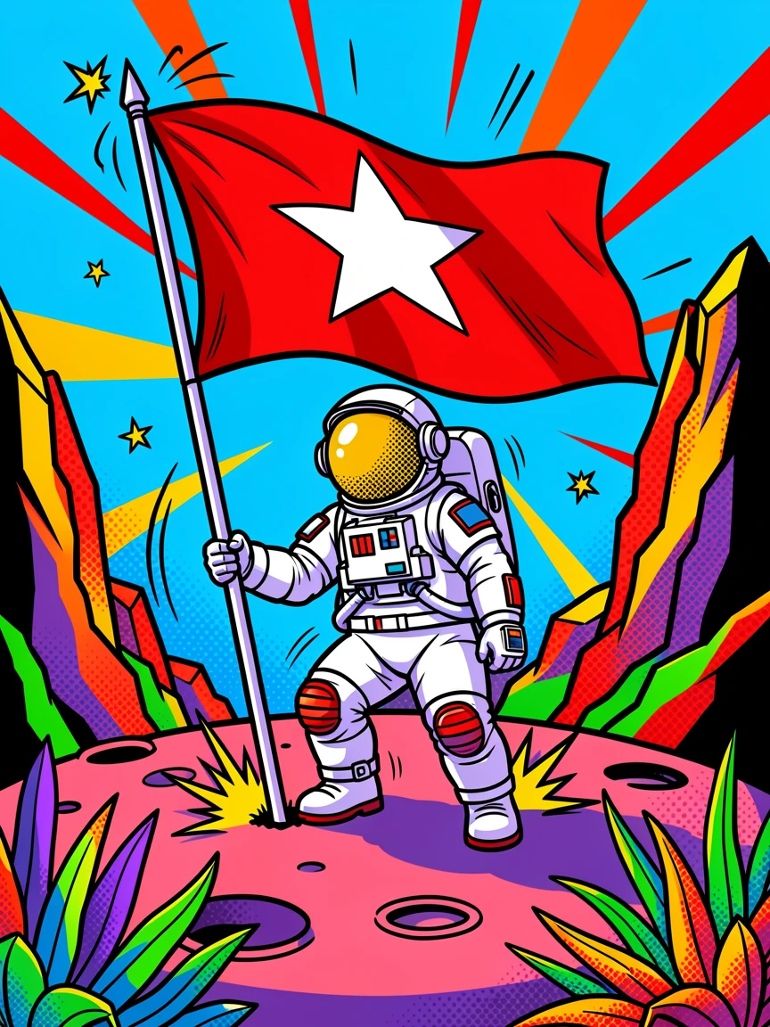 An astronaut planting a flag on an elaborate alien moon