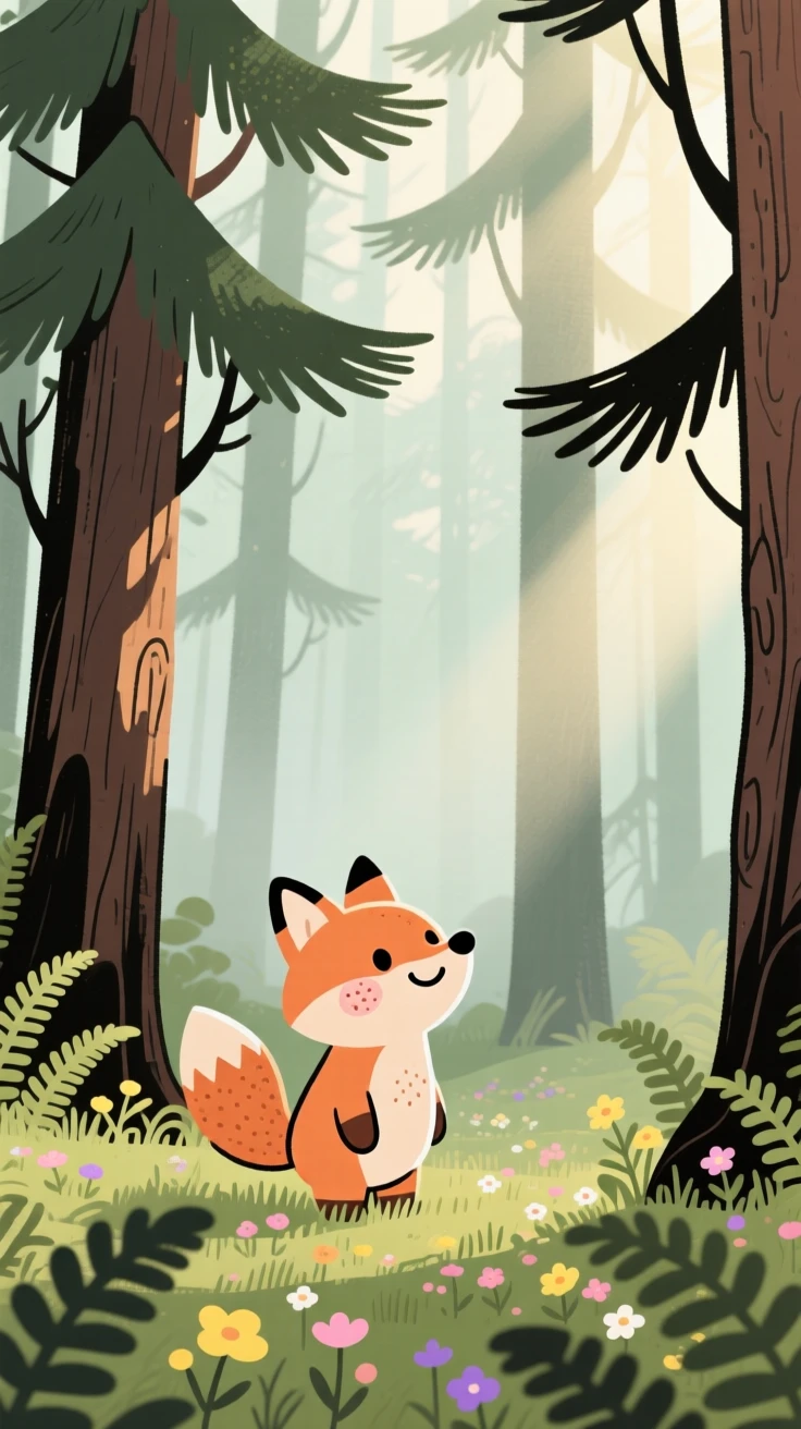 Sunlight filters through a misty pine forest of old pines, casting soft green light across a carpet of ferns scattered with patches of wildflowers.