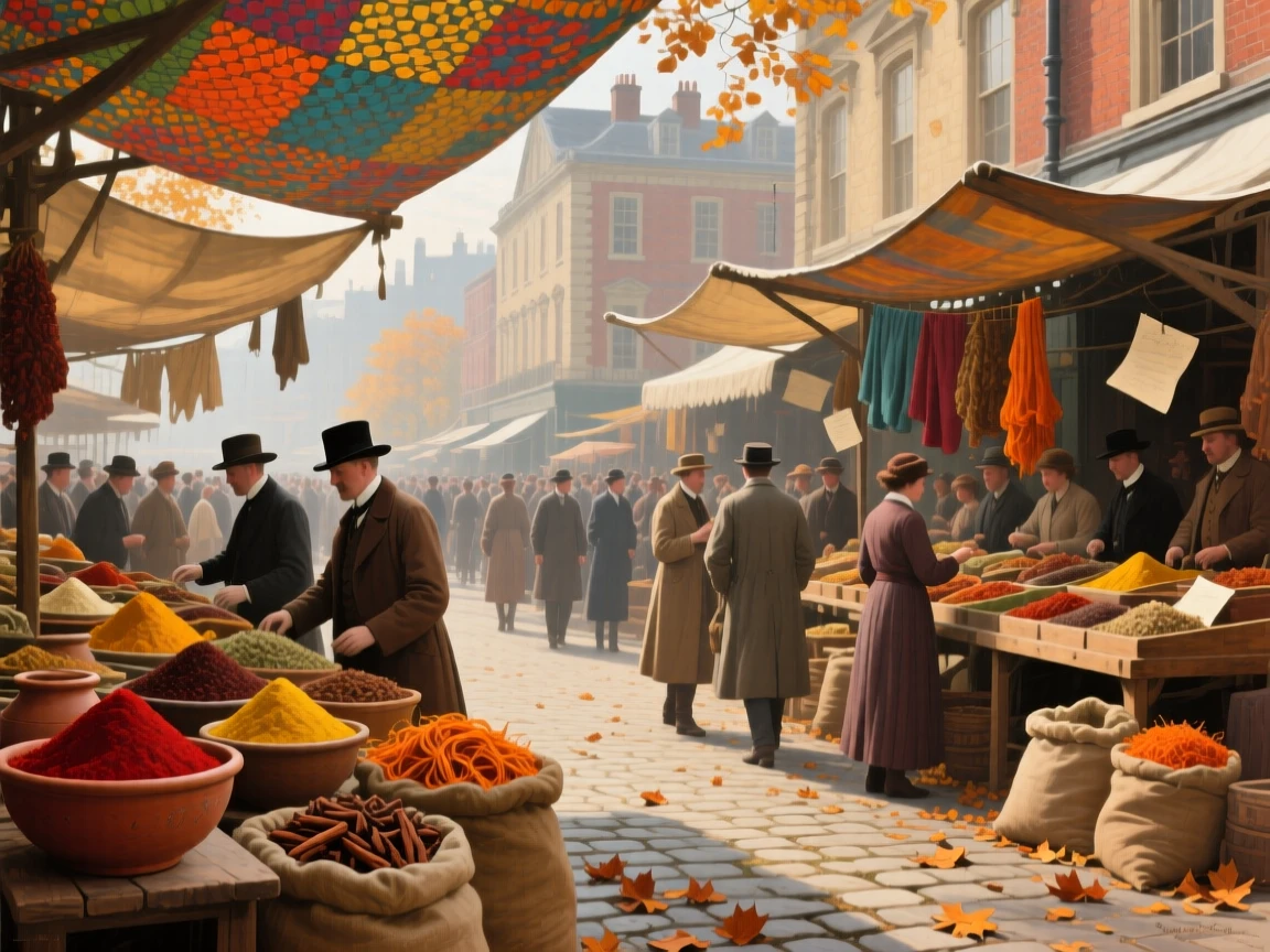 An expansive vista of a bustling spice market beneath colorful woven awnings, in mid-autumn, in the Edwardian era.