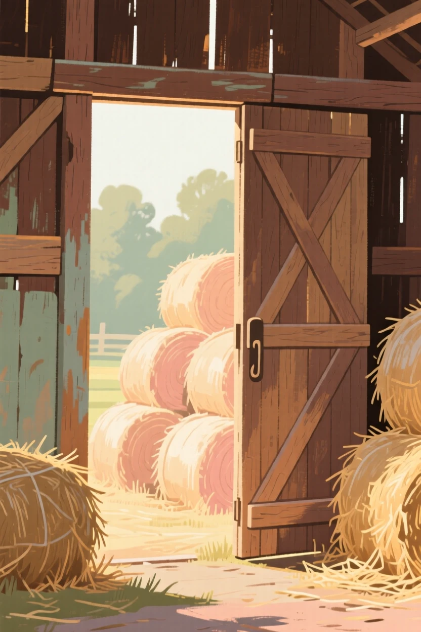 A rustic barn door open to reveal bales of golden straw