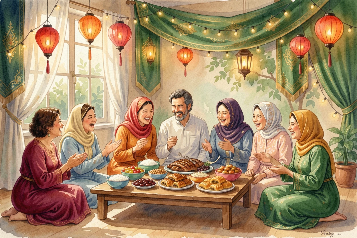 A group celebrating Eid with a festive family feast surrounded by vibrant traditional decorations.