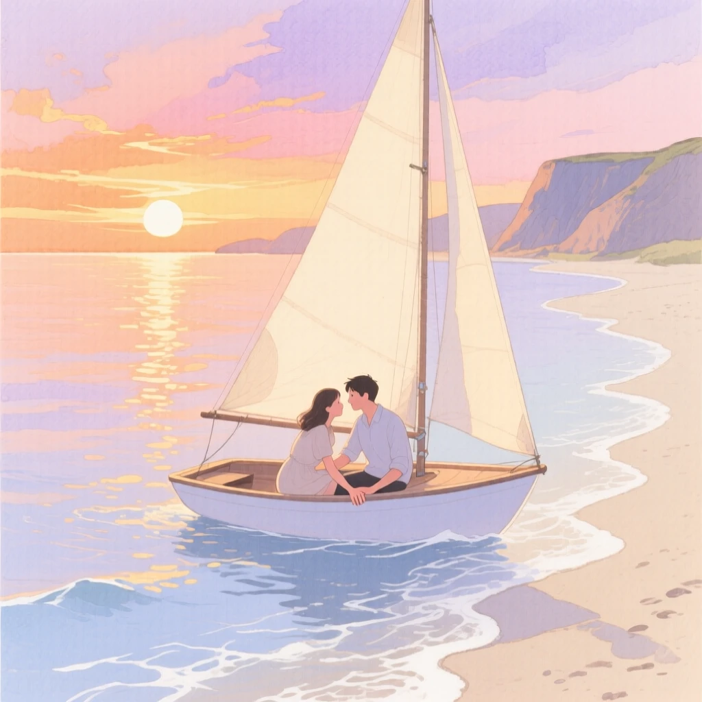 A tender moment of a sunset sail along the coast, while the tide rolls gently onto the shore, capturing quiet affection between two people