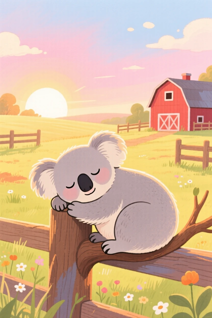 A sleepy koala resting peacefully in a sunlit farmyard at sunrise.
