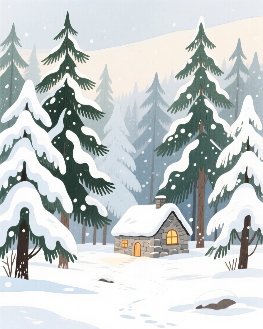 A snowy pine forest under a blanket of fresh powder, with a small stone cottage nestled in the distance, evoking peaceful serenity and awe.