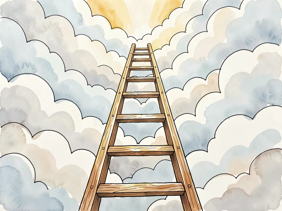 A ladder reaching up through clouds toward a burst of sunlight, a quiet sense of hope and possibility filling the scene.