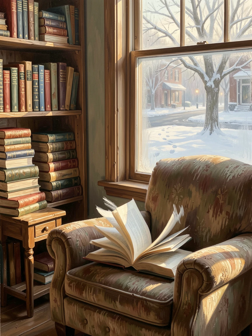 A sunlit reading nook filled with stacked books, beside a frosted window overlooking a quiet street, pages of an open book fluttering in a gentle breeze, during a cozy winter evening.