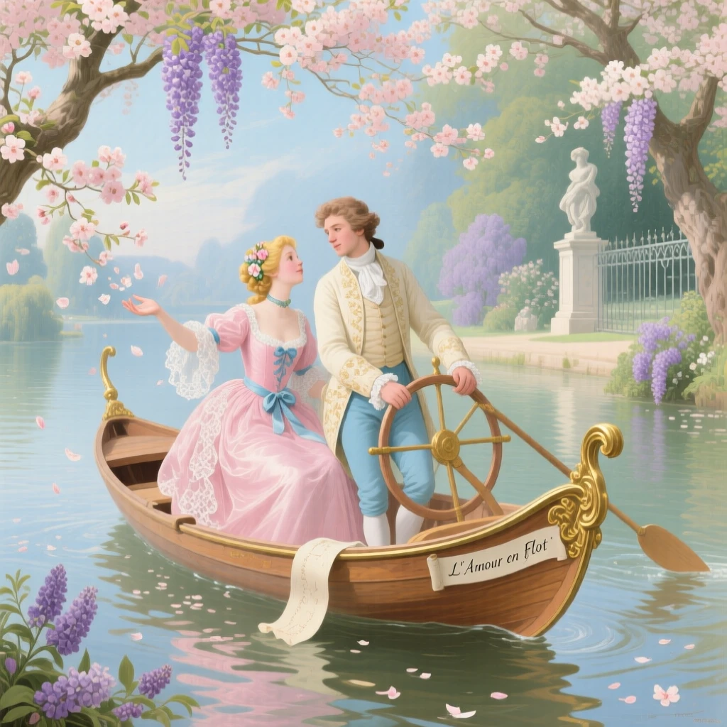 A young couple sailing a small boat beneath flowering trees  