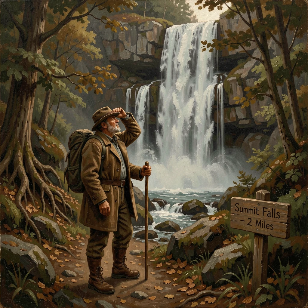 A hiker pausing to admire a massive waterfall after a long day's trek, with rich environmental detail immersing the viewer in the destination, capturing the excitement, freedom, and wonder of travel