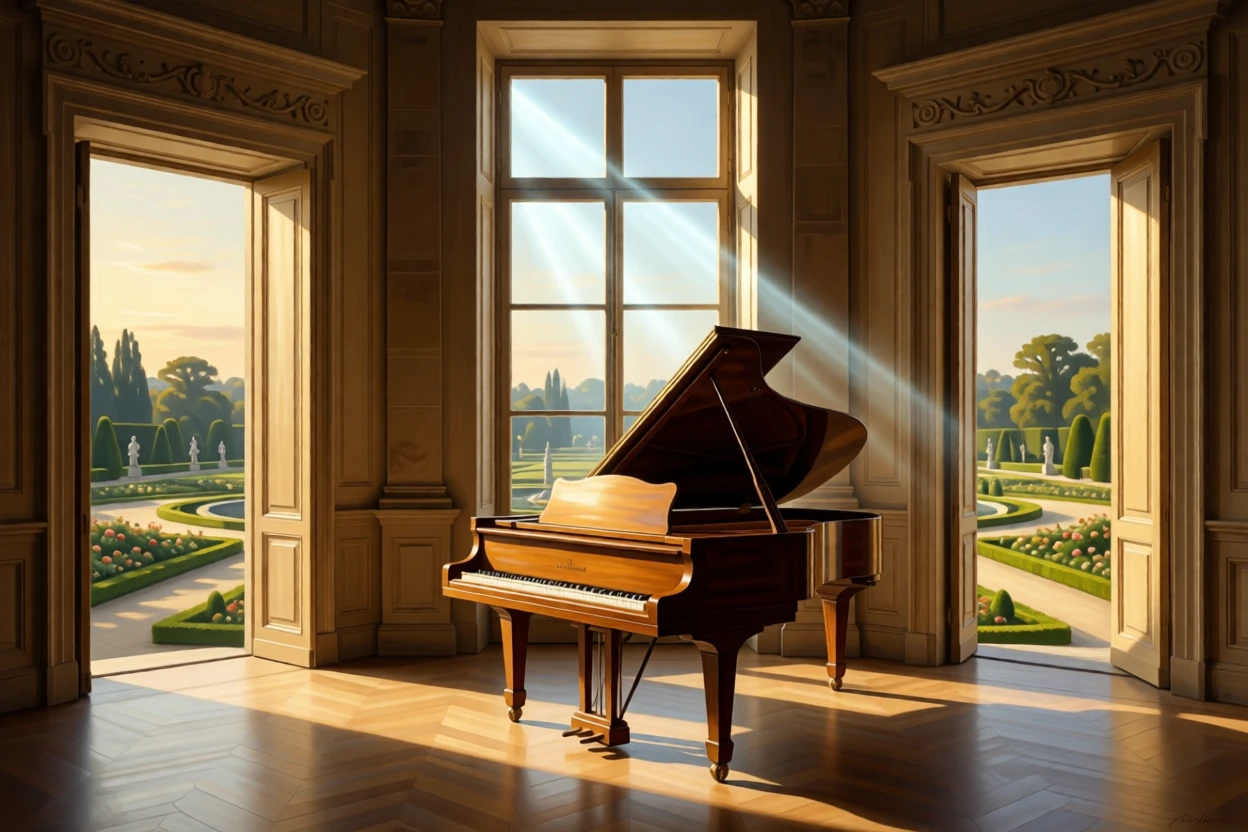 A palace garden pavilion overlooking manicured terraces standing empty in the golden hush of late afternoon, set within a private estate untouched by passing time, with a single grand piano standing beneath a shaft of window light; warm interior light contrasts with cool light spilling in from outside, capturing the serene majesty of a space built to inspire awe.