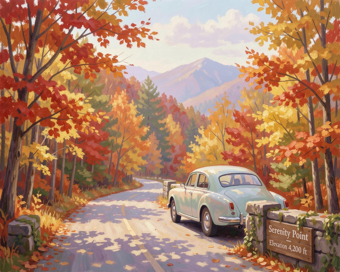 A mountain pass road winding through autumn-colored forest, a vintage car parked at a scenic overlook, filled with a cozy, comforting atmosphere.