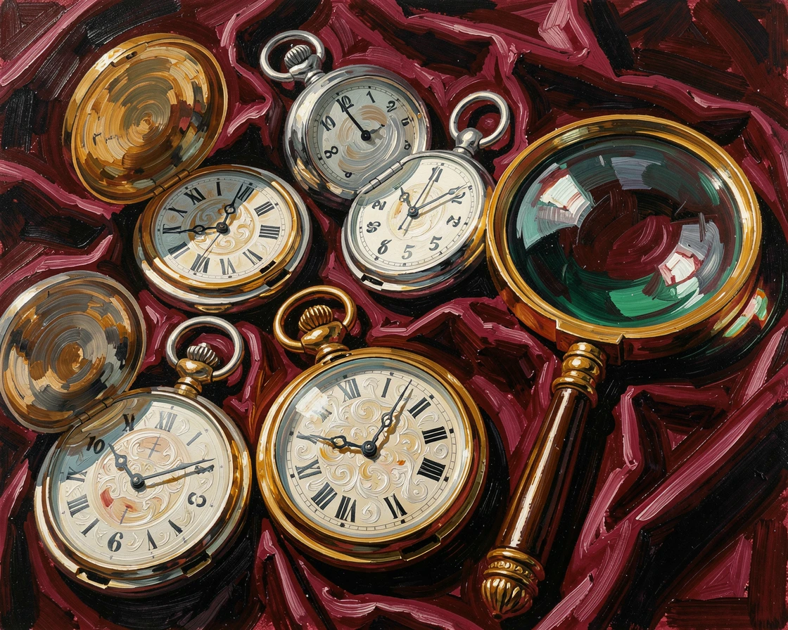 A collection of antique pocket watches arranged on a velvet cloth beside a magnifying glass.