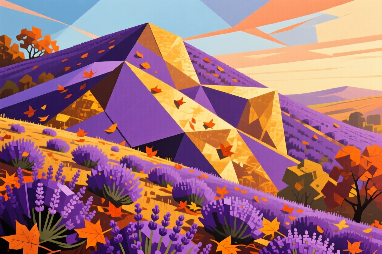 A wide shot of a lavender-covered hillside as golden hour bathes everything in warm light, during vibrant autumn.