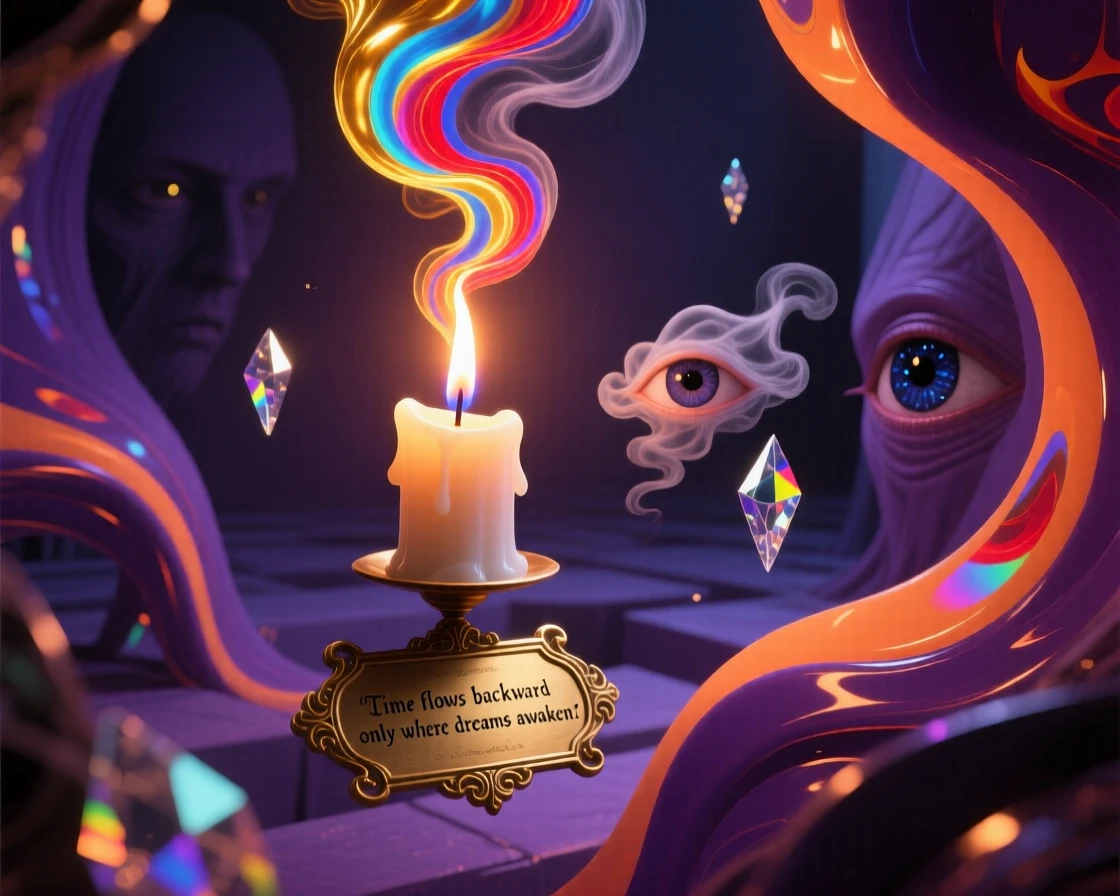 A candle whose flame burns backward, growing taller instead of shorter exists in a space where up and down have no meaning, as light bends unnaturally around every corner.