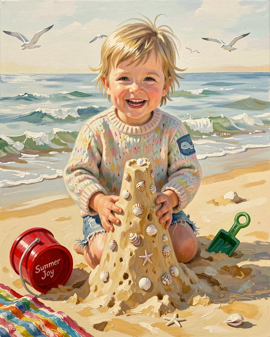 A child proudly displays a wobbly homemade sandcastle on the beach, seashells decorating its towers as waves lap nearby, small personal details in their clothing and surroundings hinting at their story.