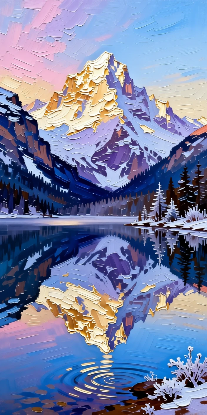 A perfectly still mountain lake creating a flawless mirror image of snow-capped peaks at dawn