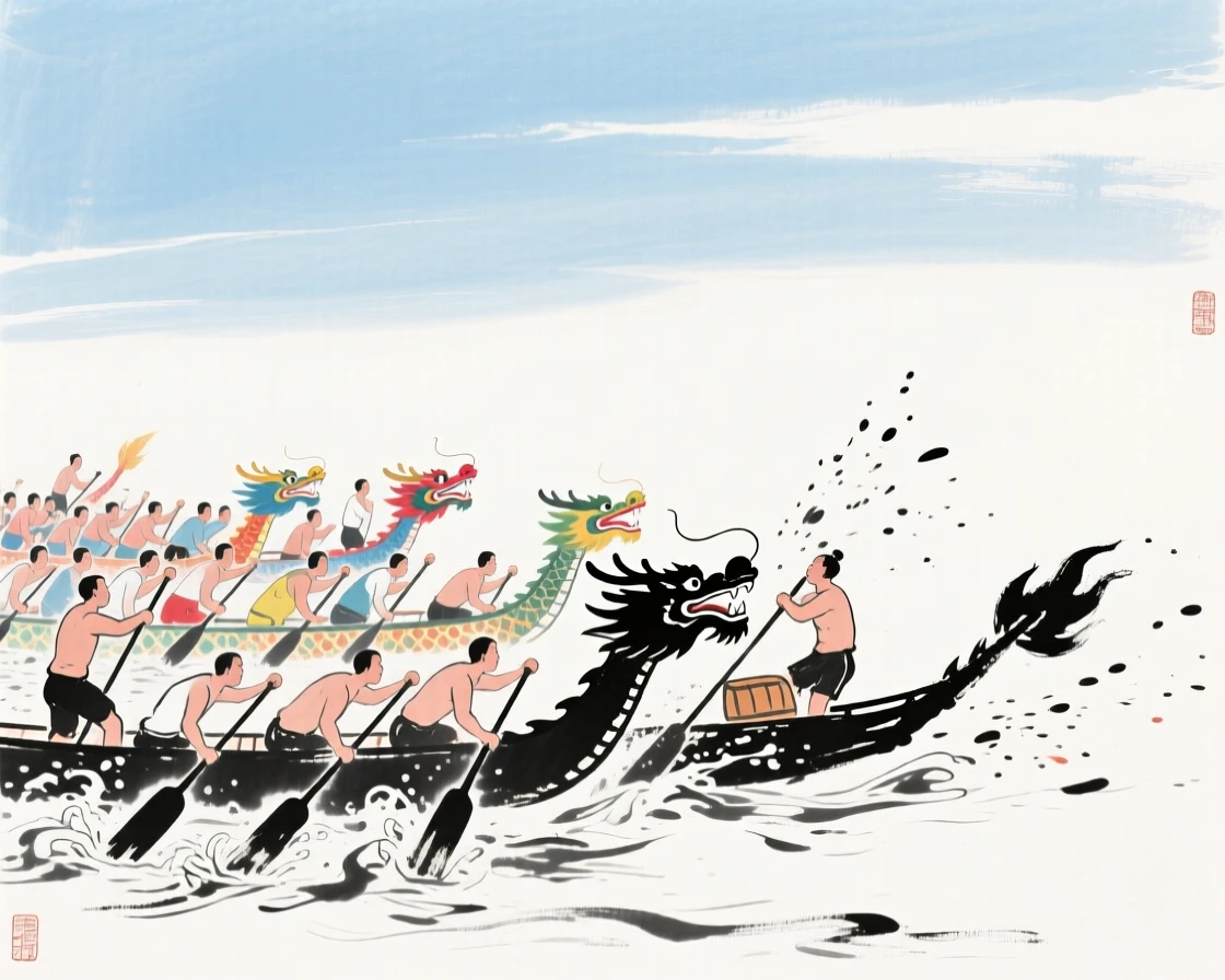 Colorful dragon boats gather at the starting line beneath a clear summer sky, as spray leaps from the oars with every stroke.