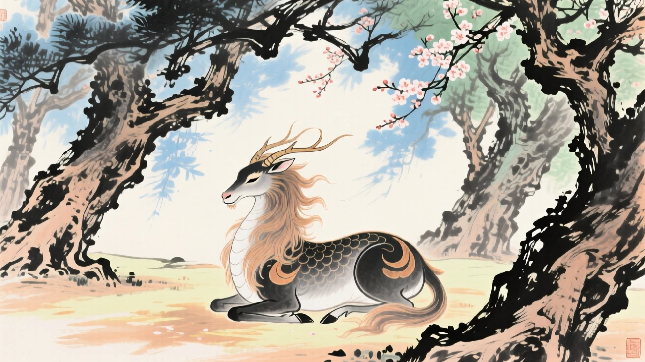 A mythical qilin resting beneath a grove of ancient sacred trees, in a warm breeze carrying the scent of blossoms, brimming with peaceful contentment, at midday.