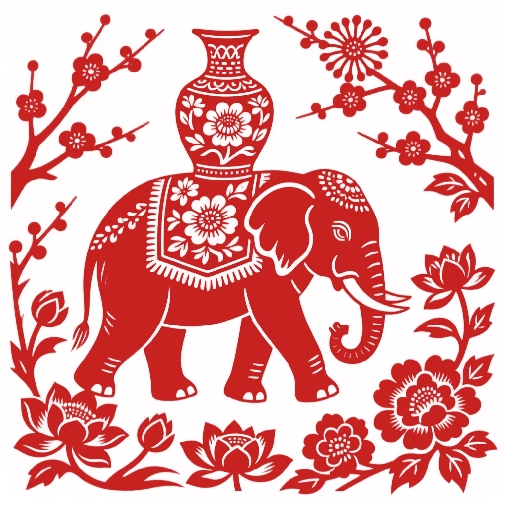 An elephant carrying a vase on its back through a garden of blossoms, symbolizing peace and stability
