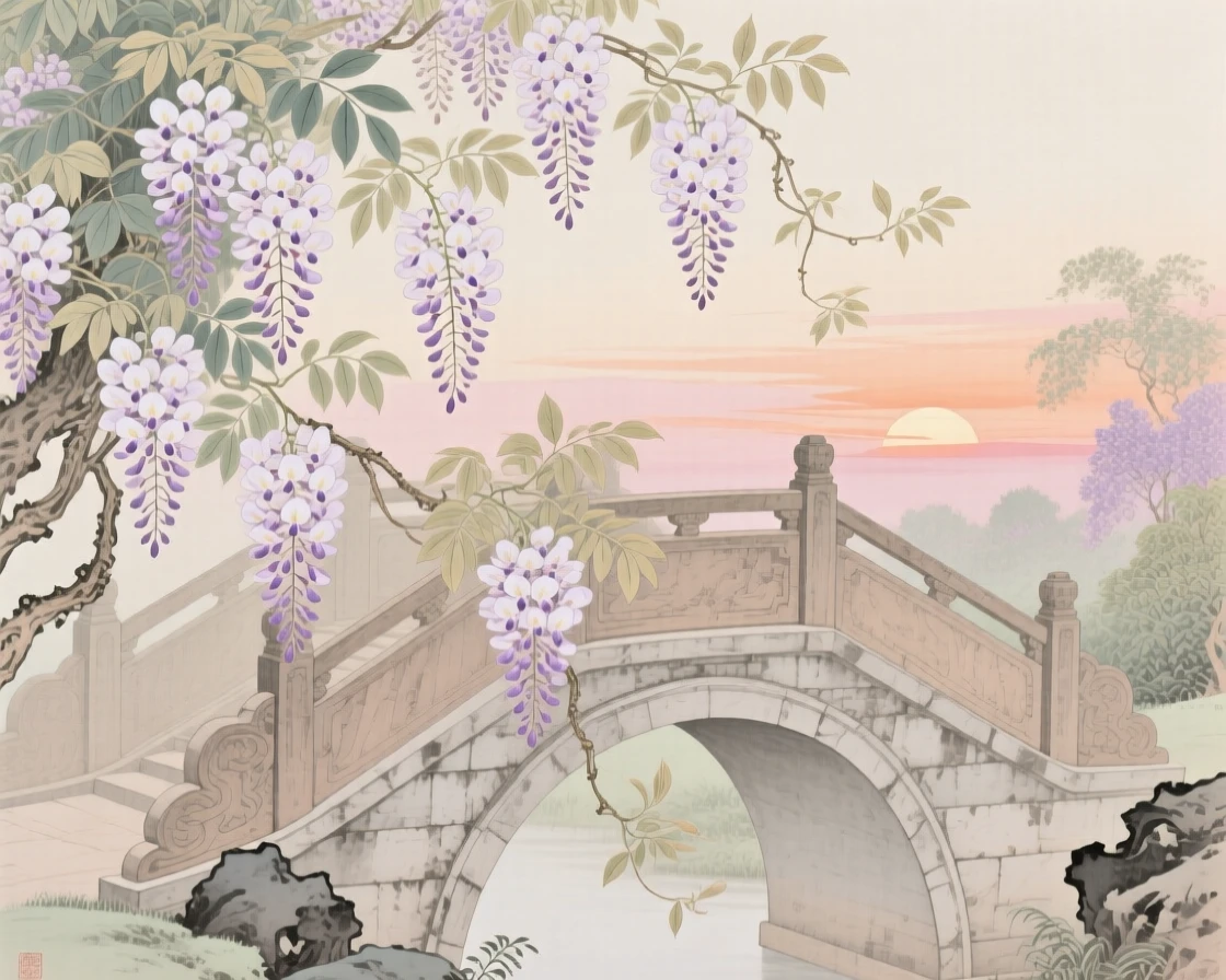 Wisteria blossoms cascading over a garden bridge in late spring, with the first light of dawn touching the horizon