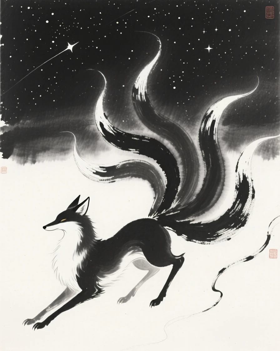 A spirit fox with nine flowing tails over a vast, star-filled night sky, framed to emphasize scale against a vast open sky, conveying graceful power and serene majesty.