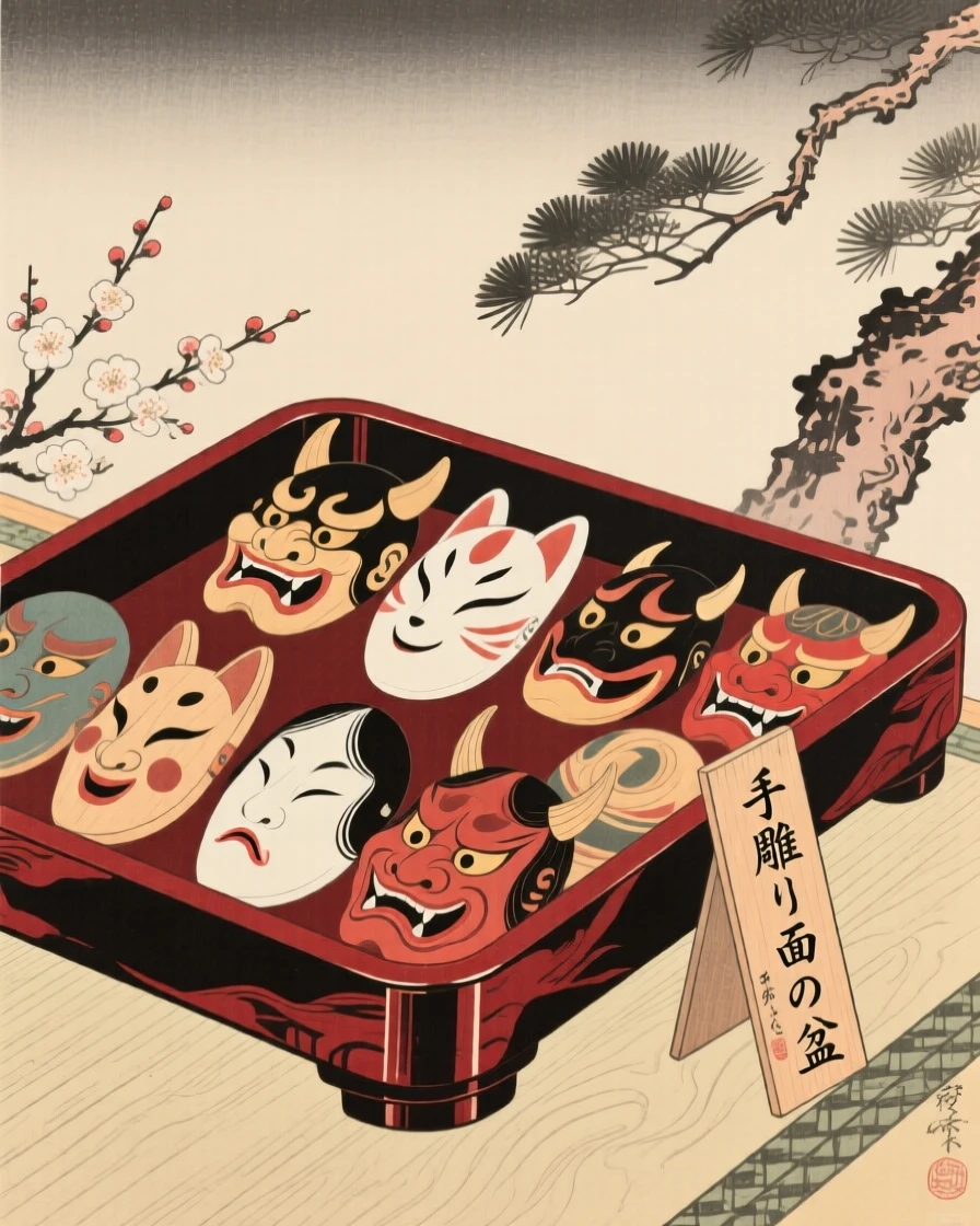 A wall of hand-carved wooden masks arranged on a lacquered wooden tray.