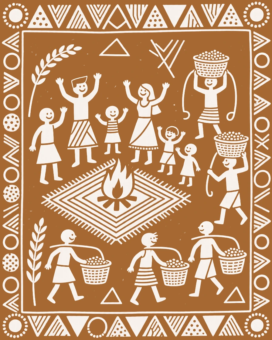 A composition centered on a grand family gathering surrounded by farmers carrying baskets of grain.