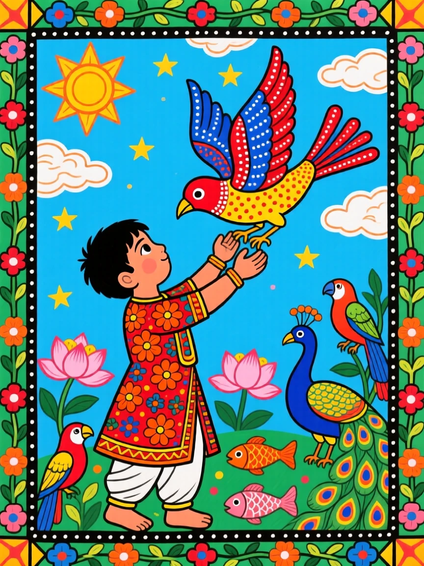 A young boy releasing a rescued bird back into a clear sky.