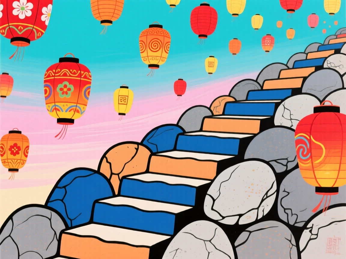 A dreamlike staircase of stone leading up into a sky filled with drifting lanterns.
