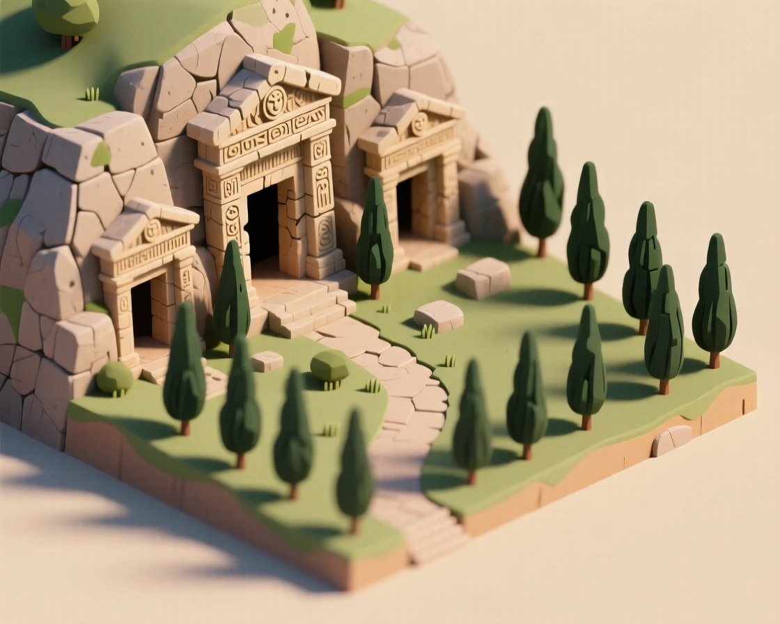 An ancient Etruscan hillside tomb complex with carved stone facades, cypress trees standing sentinel along the path.