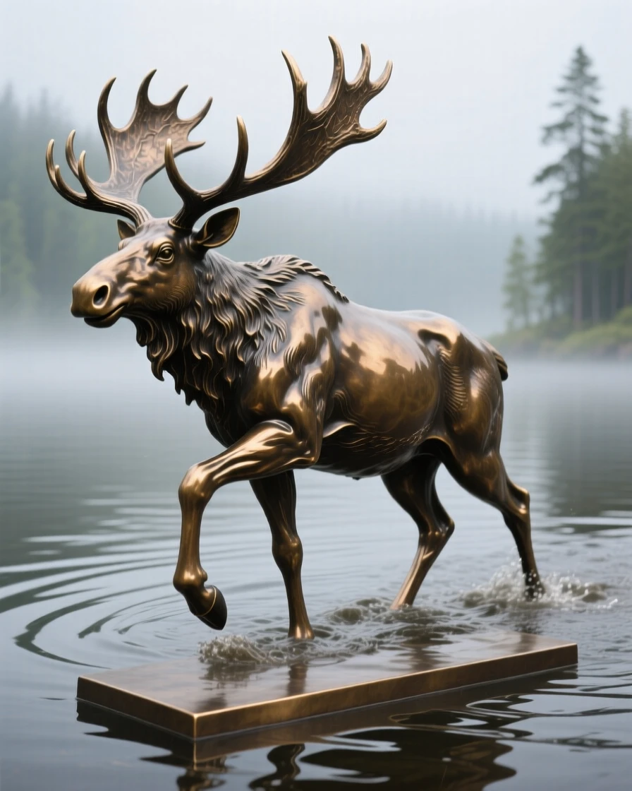 A majestic moose wading through a misty northern lake, rendered with rich, dynamic energy, evoking wonder and majesty