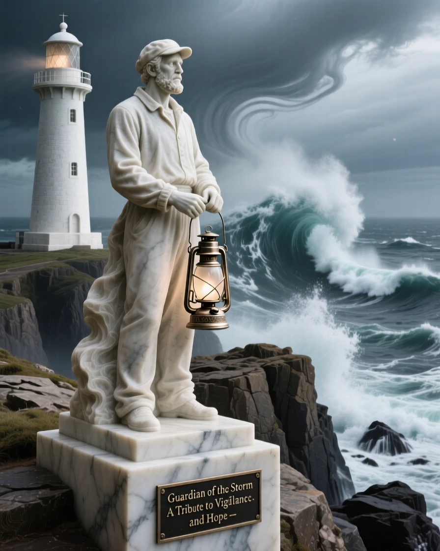 A vivid, emotionally rich scene of a lighthouse keeper watching over a stormy sea, amid swirling clouds and mist, designed to captivate and inspire