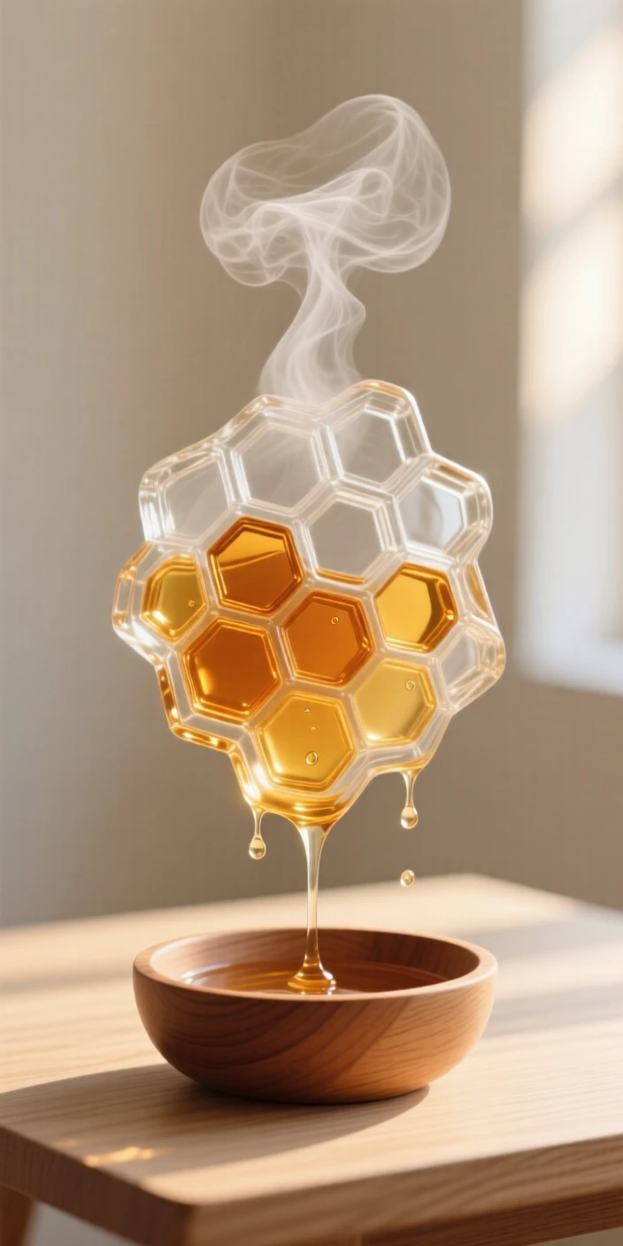As steam rises gently into the morning air, a honeycomb dripping slowly into a small wooden bowl, while sunlight catches the surface of the table